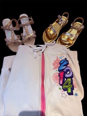 Bundle - Girls White Zip Disney Hoodie, 2 new pair gold shoes size 5.5